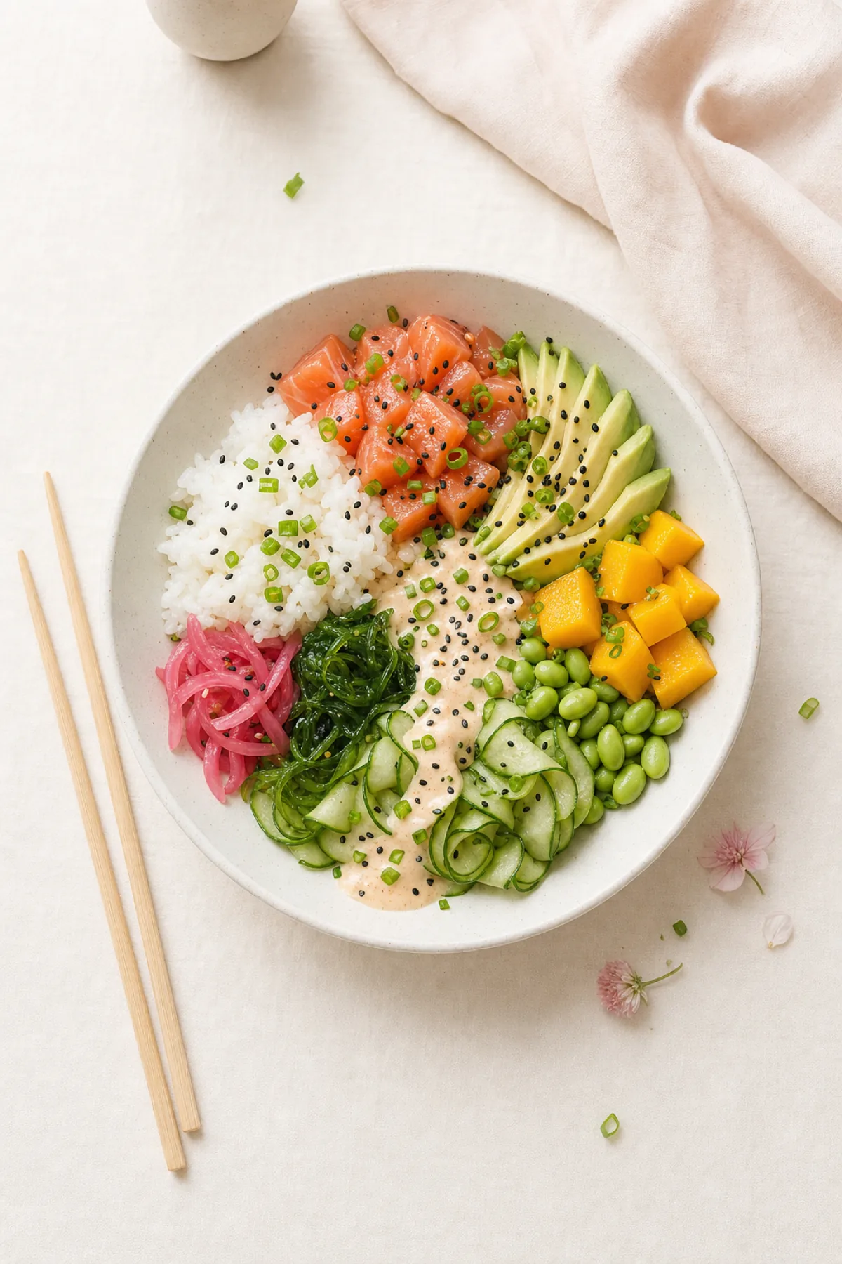 Poké bowl z łososiem, awokado i mango widziany z góry