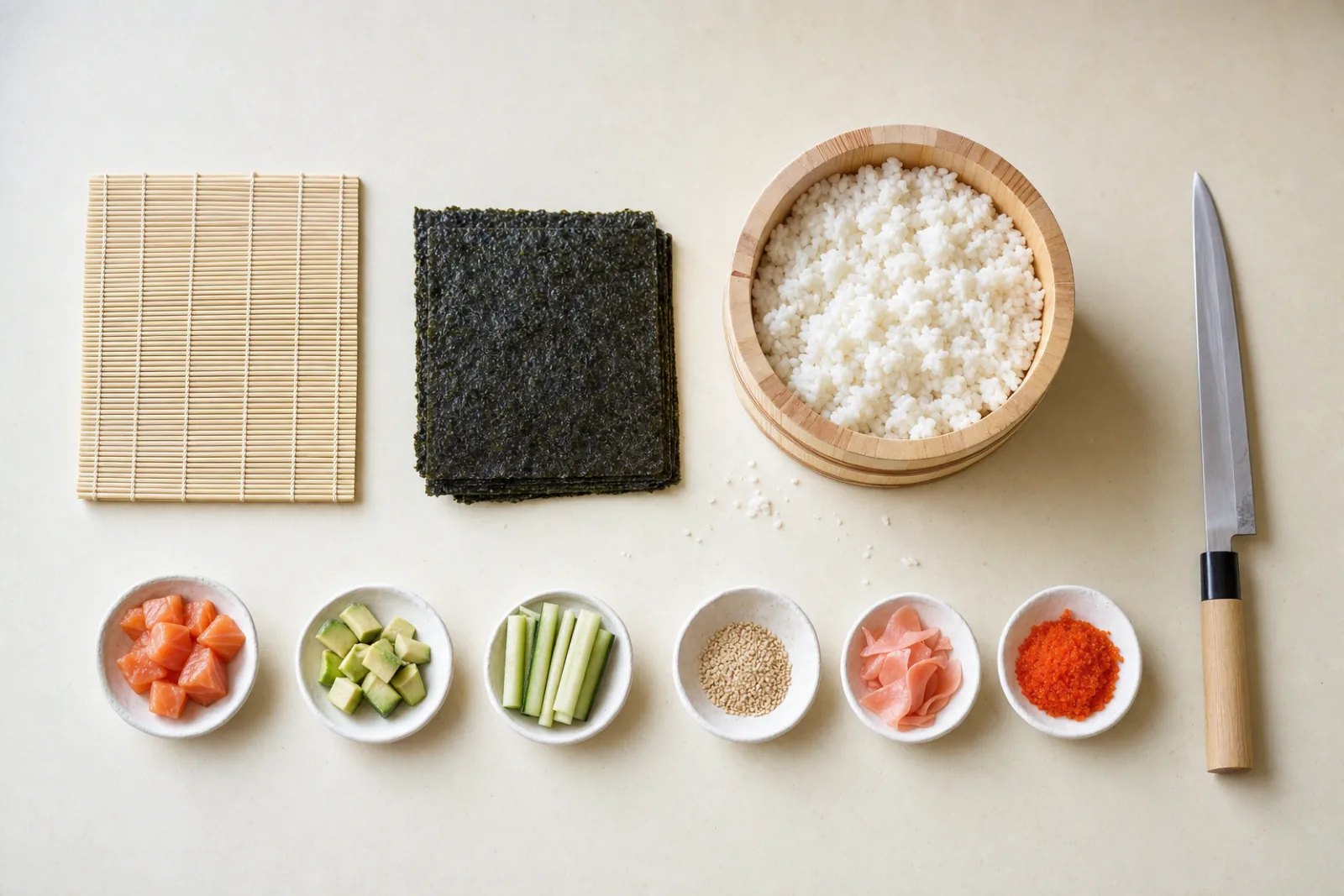 Stanowisko do składania sushi: mata bambusowa, nori, ryż i dodatki
